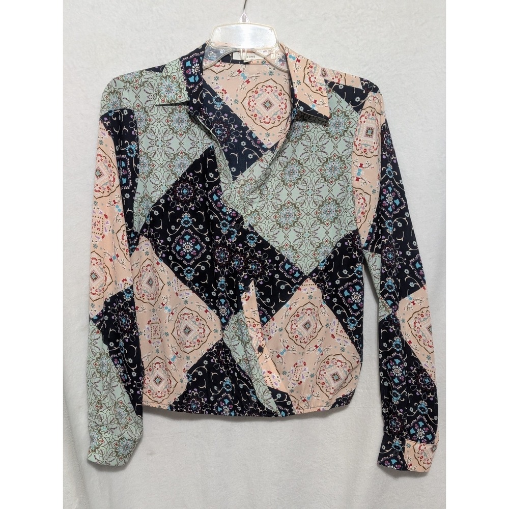 Pleione Womens Patchwork Floral Surplice Wrap Blouse Navy Mint Peach Size Medium